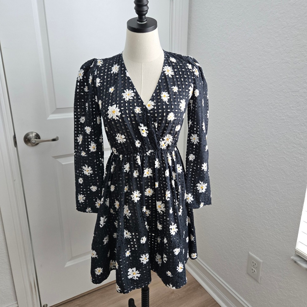 MAJE Rayom Daisy Print Eyelet Dress Black White Long Sleeve Crossover V-Neck - Picture 2 of 10